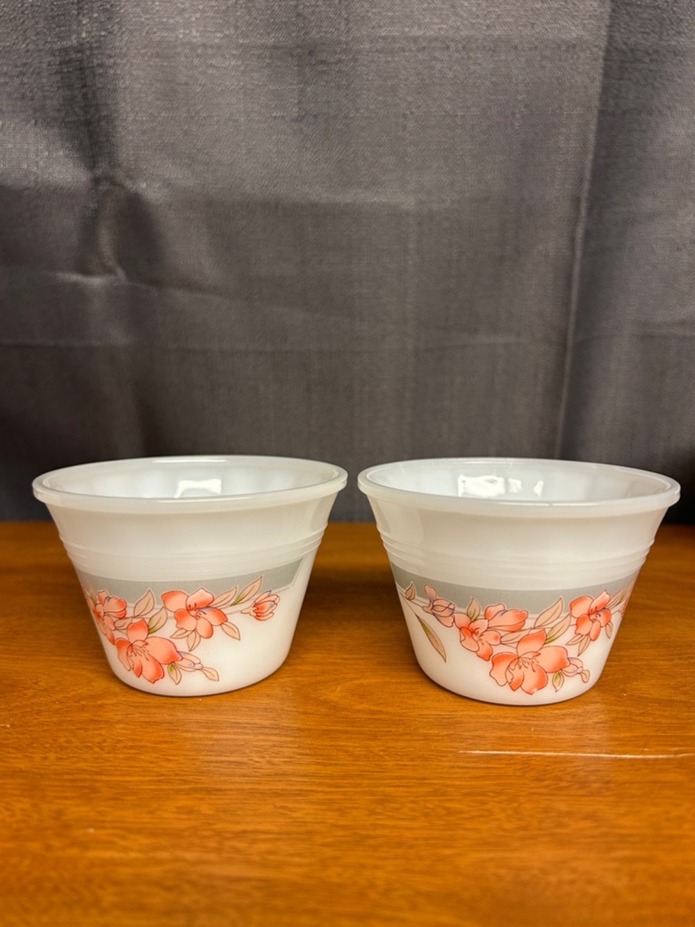 Indopal White Milk Glass Custard Cups Ramekins Peach Floral Gray Stripe set of 2
